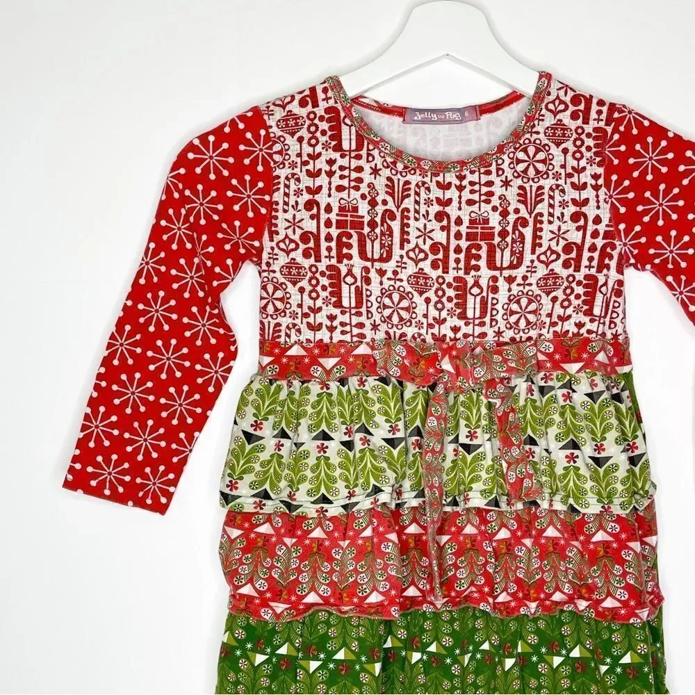 Jelly The Pug Multi-Color Holiday Brook Knit Dress with Ruffle Youth Size 6
